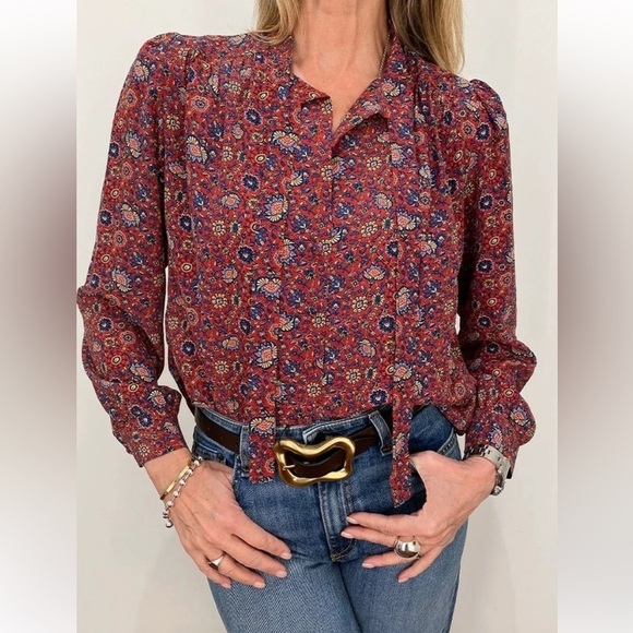 NWT Doen Josseline Silk Button Tie Neck Blouse Top Red Rouge Riviera Medallian - Picture 2 of 11